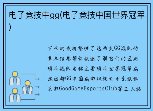 电子竞技中gg(电子竞技中国世界冠军)